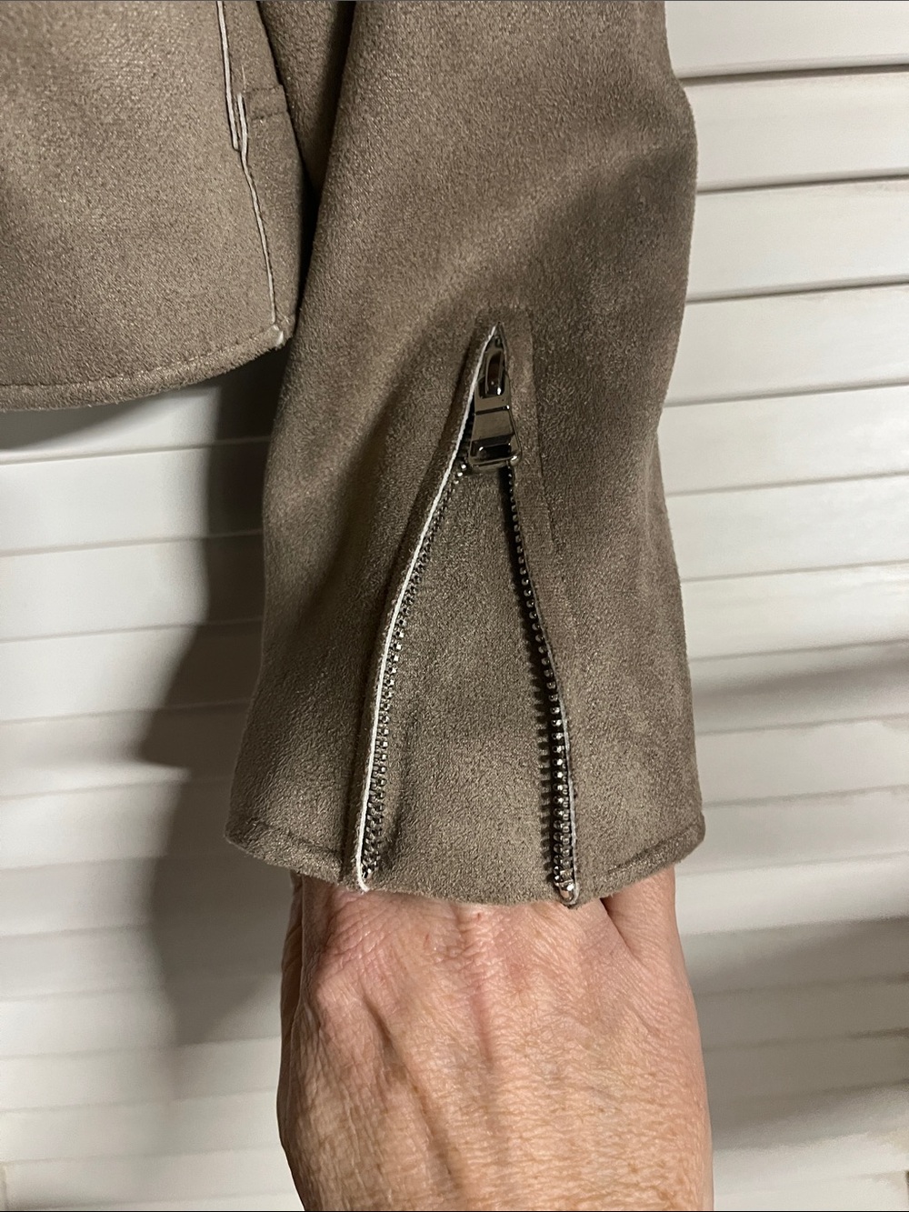 John + Jenn Taupe Faux Suede Moto Jacket - Women's Cropped Biker - Picture 4 of 8